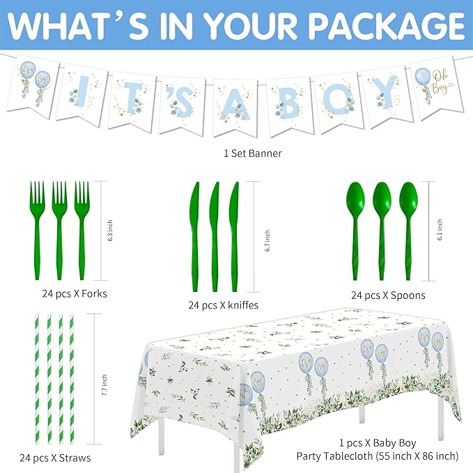 Balloon Baby Shower Decorations, Watercolor Blue Balloon Baby Boy Party Supplies, Plate, Napkin, Cup, Tablecloth, Cutlery, Banner, Greenery Oh Boy Baby Shower Table Decorations, Serves 24