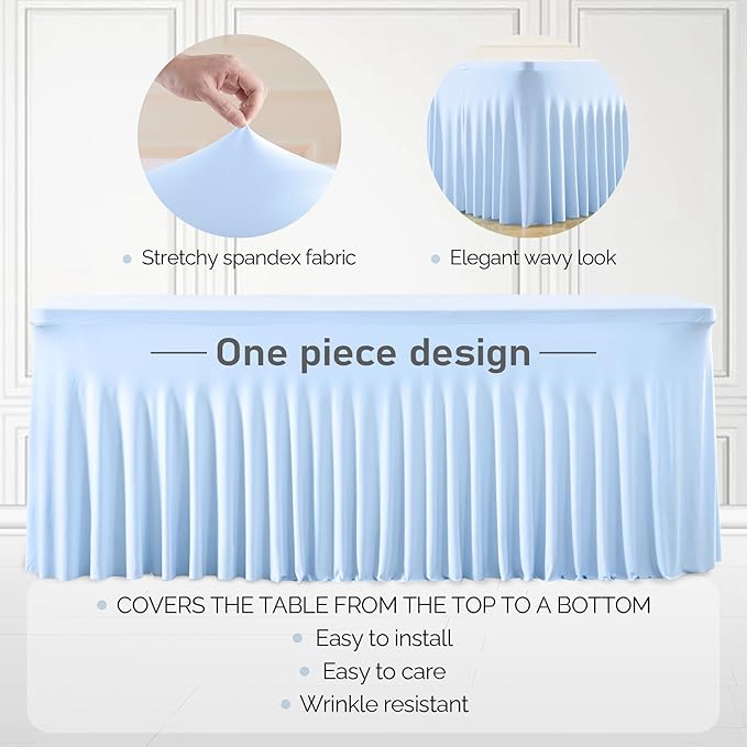 1 Pack Baby Blue Tableclothes for 8 Foot Rectangle Tables, One-Piece Wrinkle Resistant Stretch Spandex Table Covers with Skirt for Event Banquet Wedding Birthday Party