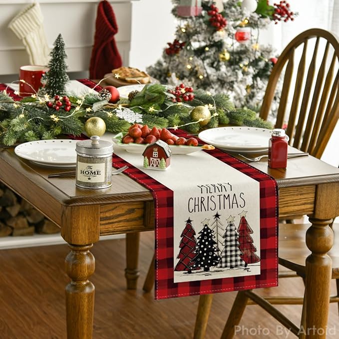 Artoid Mode Red Buffalo Plaid Xmas Trees 2PCS Merry Christmas Table Runner, Seasonal Winter Holiday Table Decoration for Home Party Decor 13 x 72 Inch