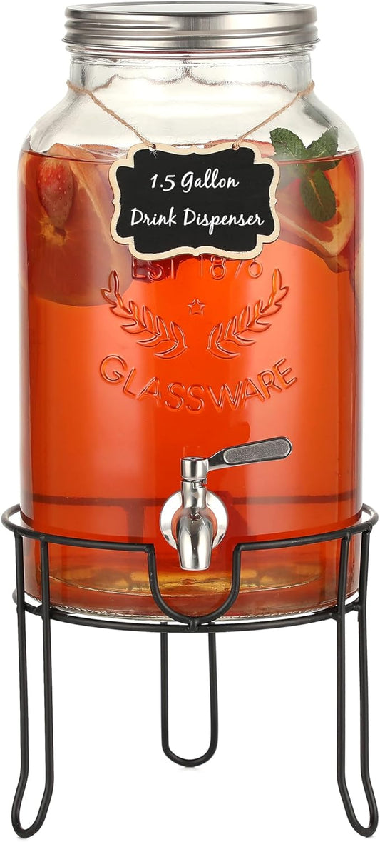 1.5 Gallon Glass Drink Dispenser with Stand – Large Beverage Dispenser with Stainless Steel Spigot, Chalkboard Tags & Marker – Glass Water Dispenser for Fridge, Parties, Weddings and Home Use,Silver