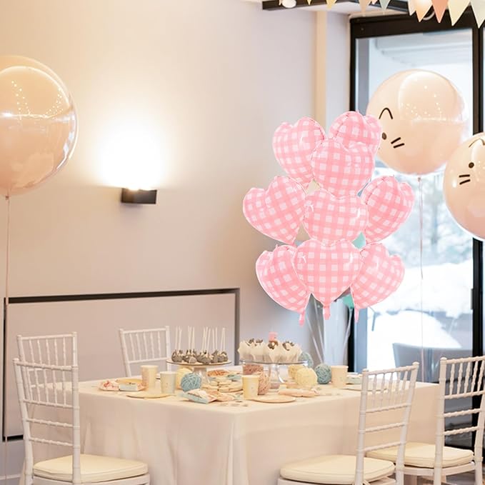 TONIFUL 15Pcs 18 Inch Checkered Pink Balloons Checkered Pink Heart Shape Foil Mylar Banners Decoration for Birthday Valentine's Day Wedding Bridal Shower Anniversary Engagement Party Supplies
