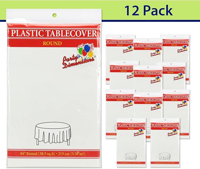 Party Dimensions White Disposable Plastic Tablecloth for Round Tables (12 Pack) 84 inches Table Cloths for Parties, Events & Weddings, Indoors & Outdoors, Plastic Table Cover