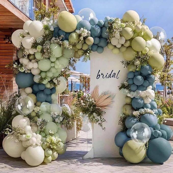 Blue Green Balloon Arch Kit Double Stuffed, Dusty Mint Green Slate Blue White Pastel Olive Balloon Garland with Clear Bobo for Neutral Baby Shower Bridal Wedding Birthday Winter Party Decoration