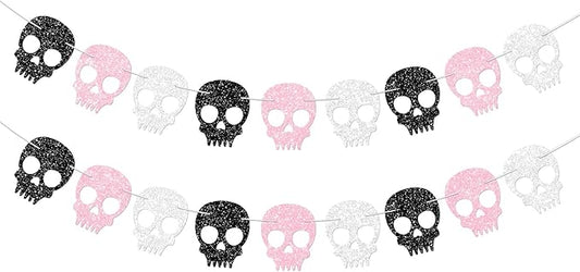 2PC Black/Silver/Pink Skull Garland for Halloween Party Decorations Glitter Skull Banner for Girl/Women Gothic Birthday Decorations Supplies