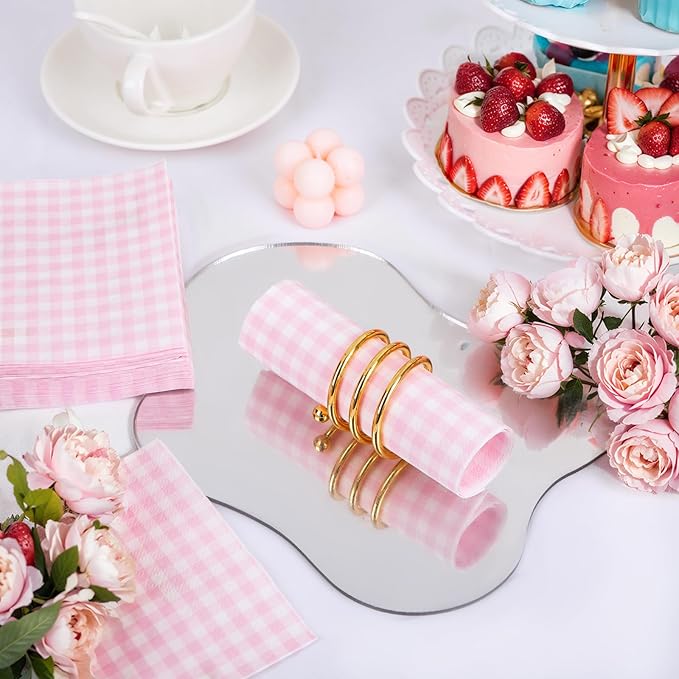 FLOWERCAT 100-Count 2-Ply Pink Checkered Cocktail Napkins Checkered - Pink Cocktail Napkins Disposable Premium Quality- 5“ x 5" Paper Napkins for Easter Party,Bar,Birthday,Mother's Day