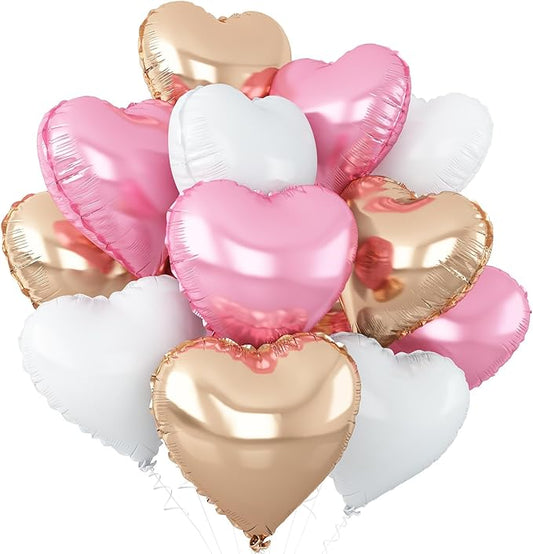 Pink White Heart Balloons,12Pcs Rose Gold Heart Shaped Foil Balloons,18Inch White Rose Gold Helium Polyester Film Balloon for Valentine's Day Birthday Engagement Wedding Party Decorations