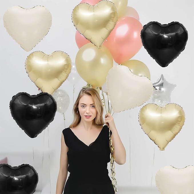 Black White Gold Heart Balloons,12Pcs 18Inch Black Cream White Champagne Gold Heart Shaped Foil Helium Balloons for Birthday Anniversary Wedding Engagement Party Decorations