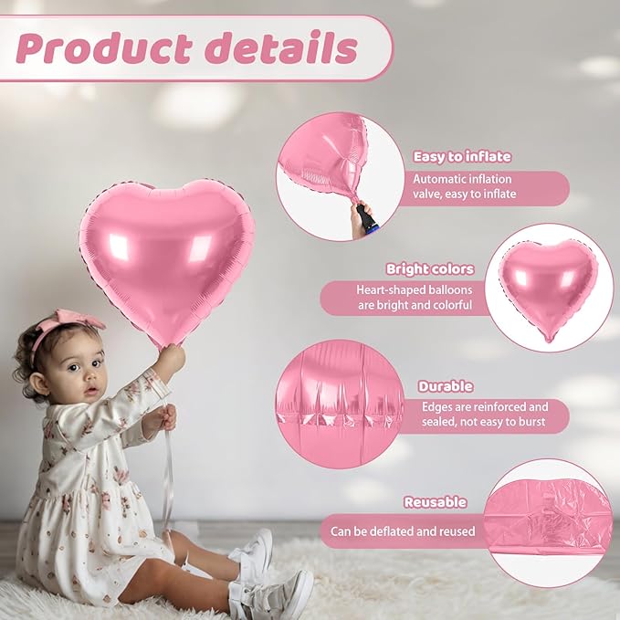 Pink Heart Balloons, Heart Shaped Ballons, 20 Pcs 5/10/18 inch Pink Foil Love Balloons for Valentine's Day Decorations Wedding Engagement Bridal Showers Anniversary Celebrations