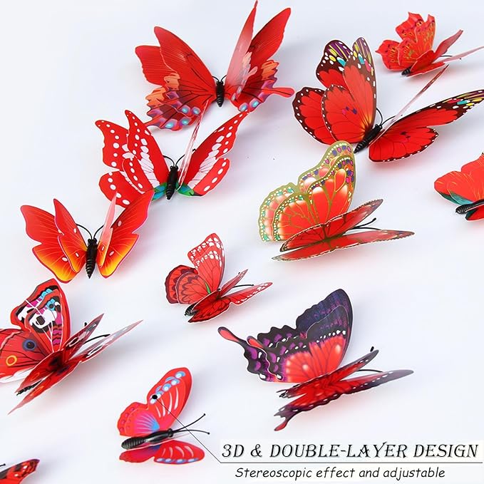 Butterfly Wall Decor 24/48 PCS, 3D Butterflies Stickers for Party Decorations with Magnets (Red, 24)