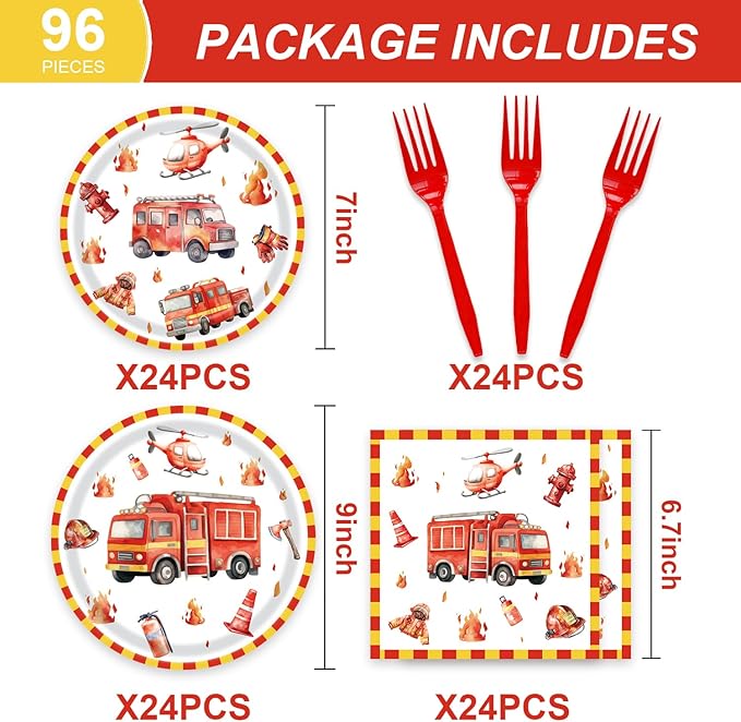 96Pcs Firetruck Birthday Party Decorations for 24 Guests - Disposable Tableware Firetruck Party Supplies Plates and Napkins Forks for Boys Baby Shower Birthday Decorations