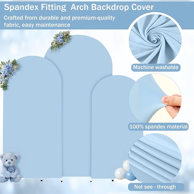 (7.2FT, 6.6FT, 6FT) Wedding Arch Cover Set of 3 Baby Blue Spandex Fitted Arch Cover for Round Top Chiara Backdrop Stand Covers for Birthday Party Banquet Photo Background Decoration