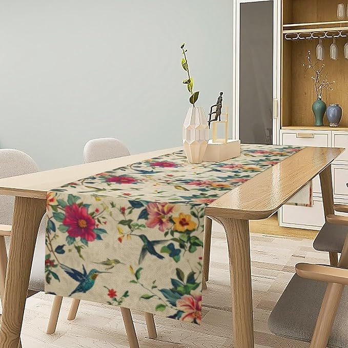 Summer Bird Floral Table Runner,Spring Birds Table Runner Burlap Table Decoration for Seasonal Home Kitchen Dining Dinner Indoor Holiday Farmhouse Decor 13x108 Inch