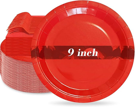 Red Paper Plates 9 Inch Set Disposable Red Birthday Dessert Dinner Plates and Napkins Party Supplies(75 PCS)