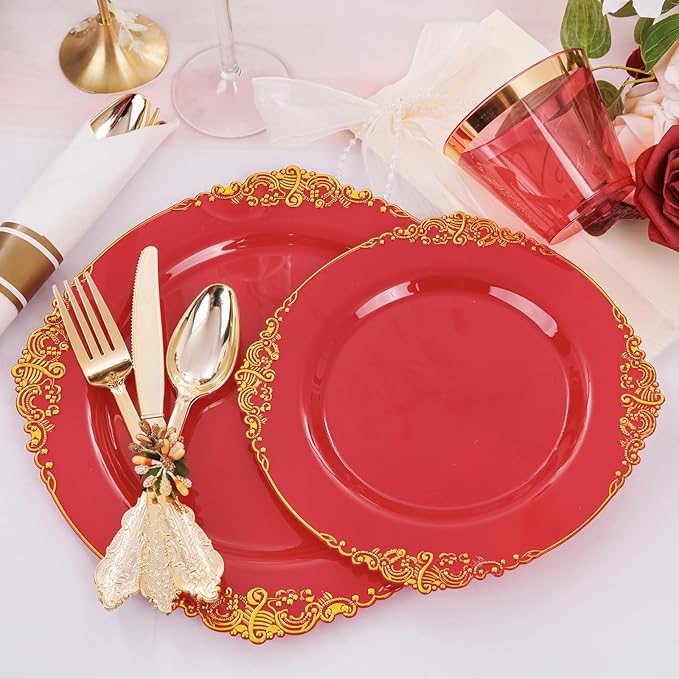 Nervure 175PCS Red Plastic Plates - Disposable Red Gold Party Plates & Pre Rolled Napkins with Cutlery for 25 Guests, 50Plates, 75Silverware, 25Cups, 25Napkin for Wedding & Party & Independence