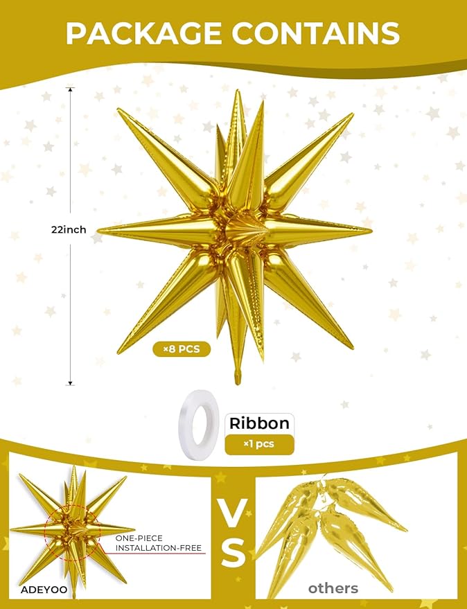 8Pcs Gold Star Balloons, Explosion Star Foil Balloons Huge Magic One-Piece 14-Pointed Mylar Spike Balloon for New Year Christmas Fall Birthday Wedding Graduation Party Decorations
