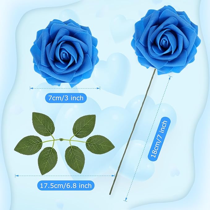 100 Pieces Artificial Foam Rose Flowers Faux Bouquet with Leaves and Stems for DIY Wedding Bouquets Centerpieces Bridal Shower Party Valentine Home Decorations(Royal Blue)