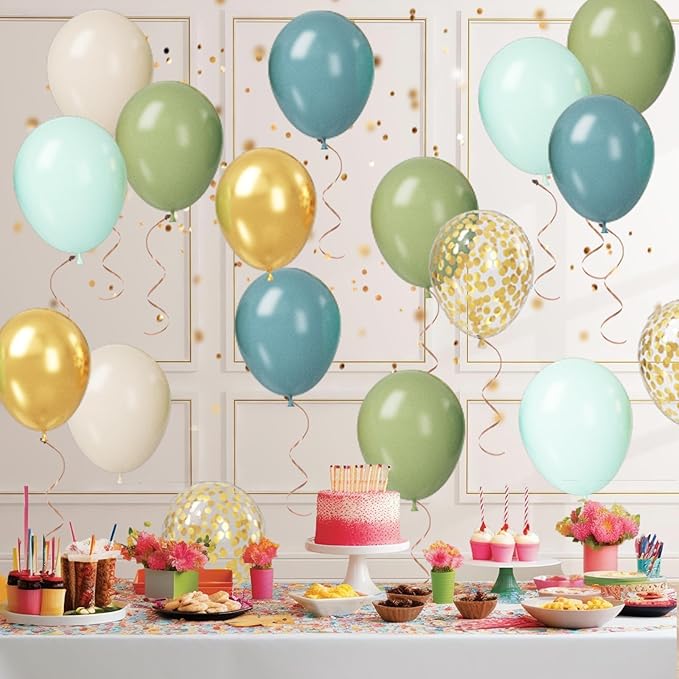 Paready Sage Green and Dusty Blue Balloon Set, 50Pcs 12 Inch Metallic Confetti Gold Apricot Balloons for Safari Birthday Party Bridal Shower Decorations
