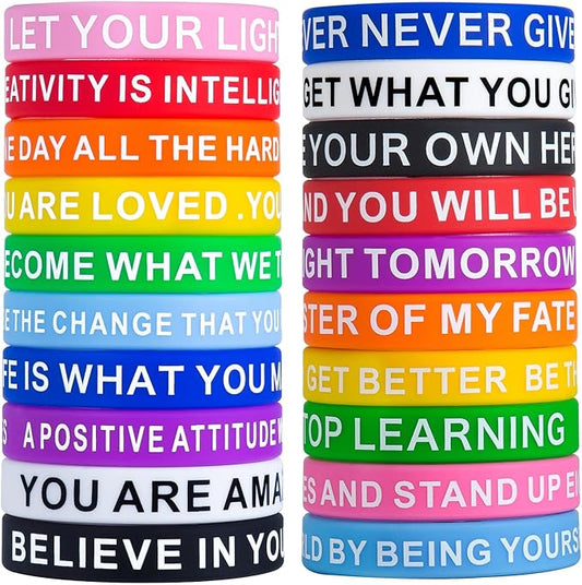 QEERBSIN Motivational Quote Bracelets- 20 Pcs Silicone Bracelets bulk Inspirational Wristbands-Stretch Unisex Wristbands for Student Graduation Gift from Teacher for Kids Children