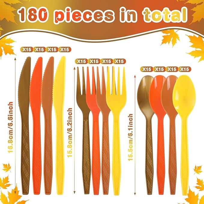 Plastic Silverware Heavy Duty Plastic Cutlery Set Heavyweight Disposable Flatware Includes Spoons Forks Knifes for Birthday Party Prom Night Wedding Dinner (180, Yellow Orange Brown)