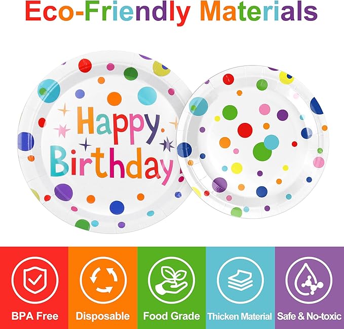 127Pcs Happy Birthday Party Supplies Decorations Set - Dot Design Disposable Tableware Kit with Plates, Napkins, Cups, Tablecloth, Banner, Balloons & Honeycomb Centerpieces for Boys Girls, Serves 24