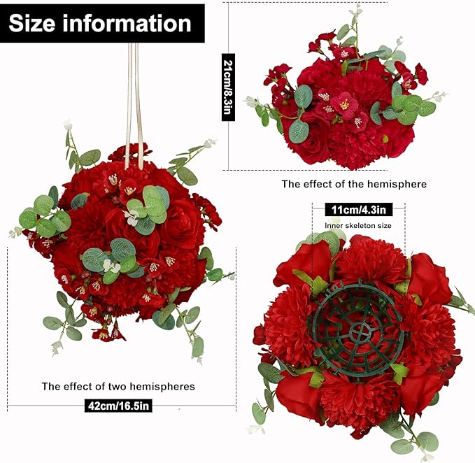 Artificial Flower Ball Wedding Centerpieces Table Decorations 2Pack Faux Red Rose Silk Floral Half Ball with Plastic Base for Party Home Room Event Table Arrangement (2, Red)