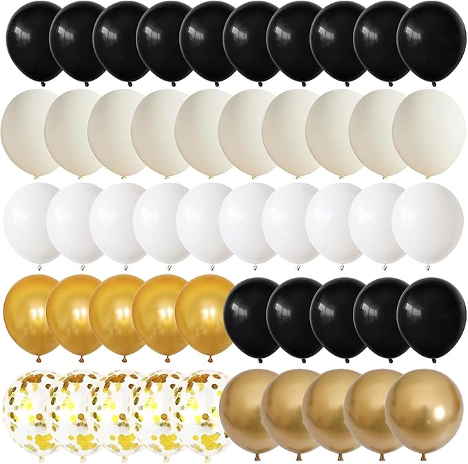 Black Gold Beige Balloons, 60PCS Black Gold White Sand Balloons Party Balloon with Metallic Gold Confetti Party Balloon for Graduation, Weddings, Birthday, New Year Decorations