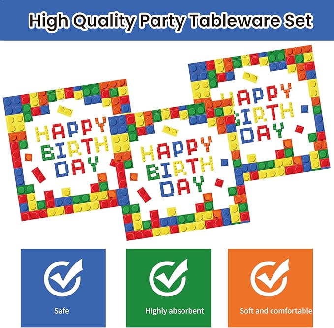 40Pcs Building Block Plates and Napkins Party Supplies, Disposable Colorful Building Block Birthday Party Plates Napkins Tableware Set for Boys Birthday Party Decorations Serve 20 (Building Block)