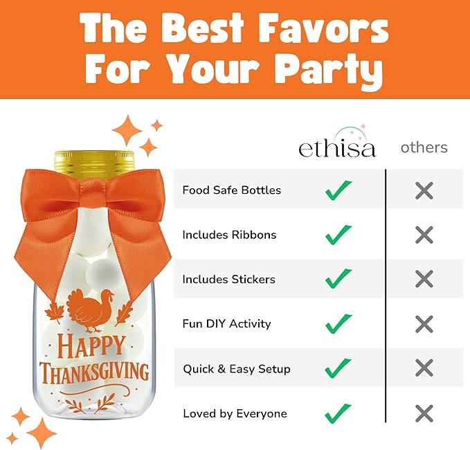 12 Pack Thanksgiving Candy Jars with Ribbons & Stickers – Mini Favor Bottles for Kids – DIY Candy Containers for Classroom, Fall Parties, Baby Showers, and Holiday Table Decorations