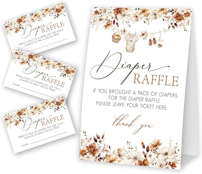 Little Pumpkin Diaper Raffle Tickets and Sign, Thanksgiving Baby Shower Card Set (1 Sign and 50 Cards), Fall Gender Reveal Party Favor Supplies -A01