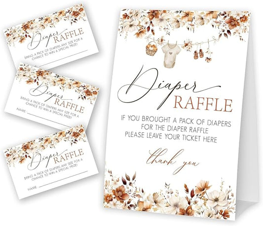 Little Pumpkin Diaper Raffle Tickets and Sign, Thanksgiving Baby Shower Card Set (1 Sign and 50 Cards), Fall Gender Reveal Party Favor Supplies -A01