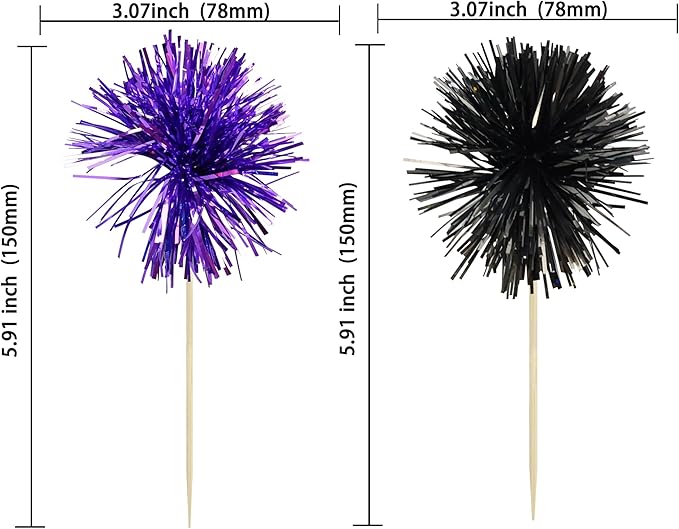 Ephlyn 30Pcs Foil Firework Cupcake Toppers Sparkle Tinsel Cupcake Picks Happy Birthday Cake Decorations Drink Stirrers Cocktail Food Toothpicks for Baby Shower Graduation Party Supplies Black Purple