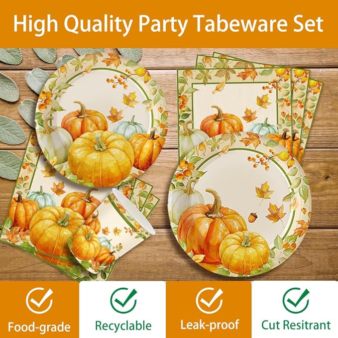 140Pcs Fall Party Supplies Tableware Set Retro Pumpkin Plates and Napkins, Thanksgiving Party Decorations Pumpkin Maple Leaf Paper Plates, Autumn Birthday Party Decor, Serve for 20 Guest