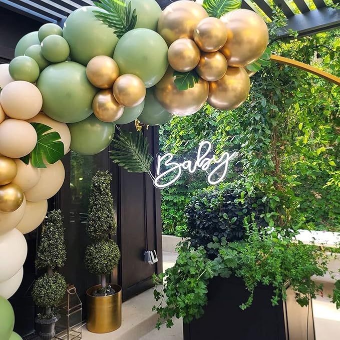 Balloons Green Gold, 60 Packs 12 Inch Retro Sage Green Gold Metallic Balloon, Olive Green White Latex Balloons for Wedding, Birthday, Baby Shower, Safari Jungle Party, Anniversary Decorations