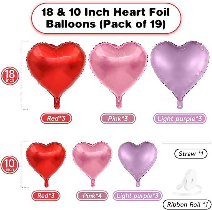 Pink Purple Heart Balloons, 19PCS Light Purple and Red Pink Heart Shape Balloon, 18Inch with 10Inch Purple Pink Helium Foil Love Balloon for Girls Birthday Marriage Wedding Mother's Day Decoration