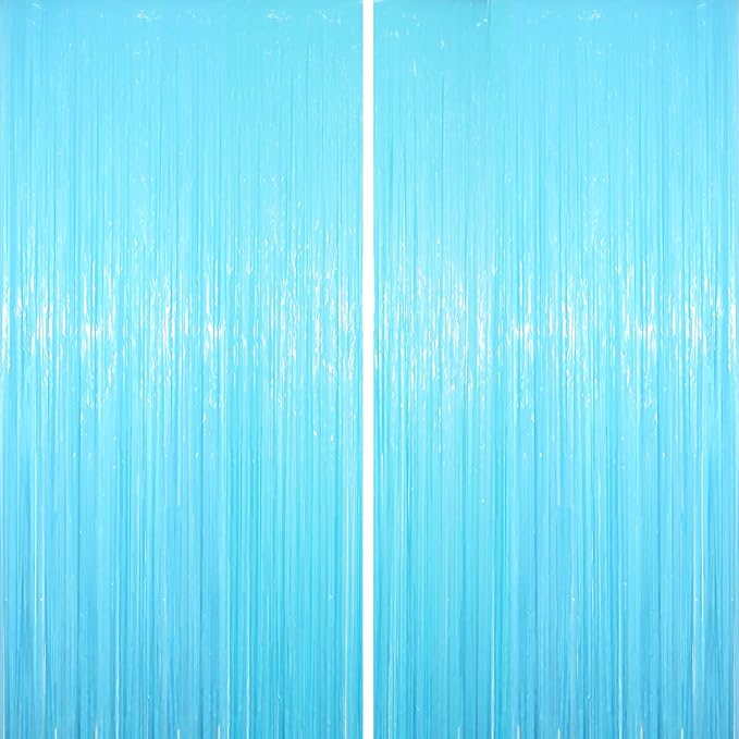 2 Pack Pastel Blue Tinsel Foil Fringe Curtains, Blue Party Decorations, Metallic Tinsel Party Streamers Backdrop for Birthday Baby Shower Gender Reveal Wedding Party Decorations