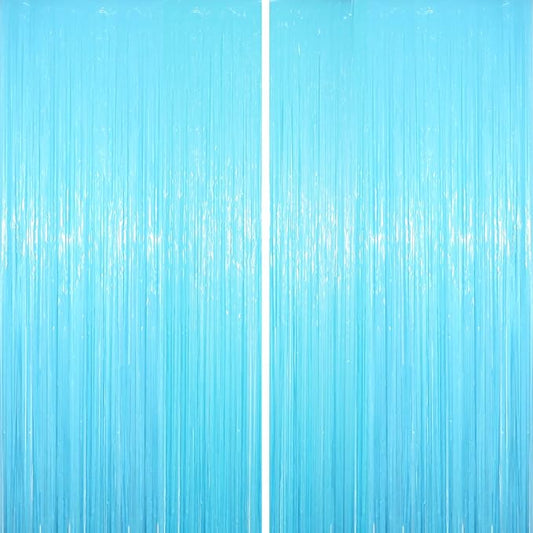2 Pack Pastel Blue Tinsel Foil Fringe Curtains, Blue Party Decorations, Metallic Tinsel Party Streamers Backdrop for Birthday Baby Shower Gender Reveal Wedding Party Decorations