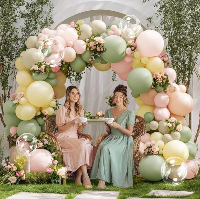 Pink Green Yellow Balloon Arch Kit, Double Stuffed Sage Green Pastel Pink Yellow White Sand Balloon Garland Beige Cream Balloons for Baby Shower Birthday Wedding Bridal Fairy Flower Tea Party Decor