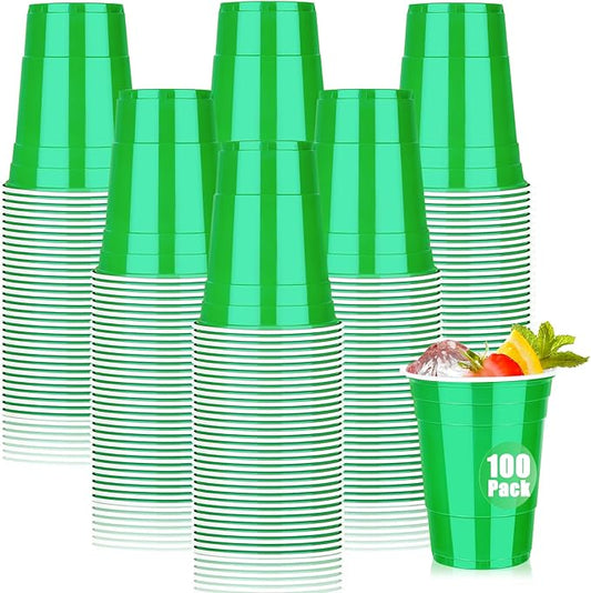 Dualshine 100 Pack Green Plastic Cups 16 oz,Disposable Cups for Party,Heavy Duty Drinking Cups, Graduation Shot Cup for Wedding Birthday Beer Taste Serving Snack Sample Tastings Barbecues Picnic