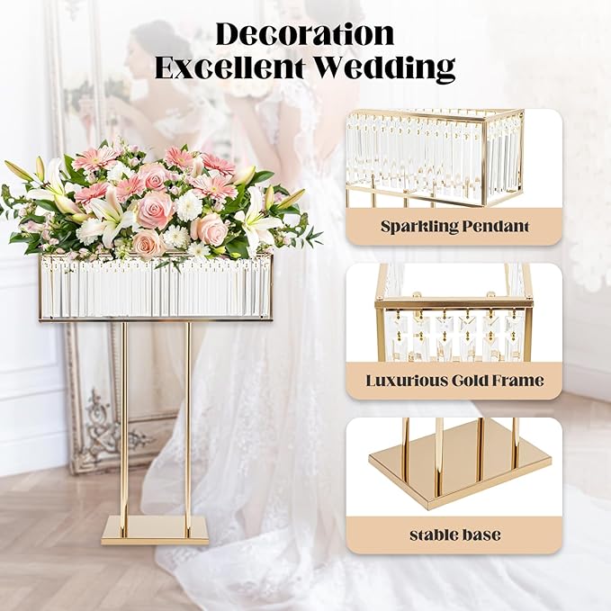 Tall Crystal Flower Stand for Wedding Centerpieces – 28" x 12" Gold Metal Pedestal with Sparkling Crystal Pendants, Elegant Flower Vase Stand for Tables, Parties, Banquets & Event Decorations