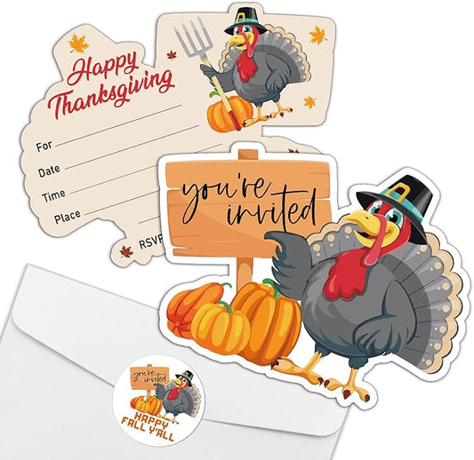 REWIDPARTY 20 Pack Thanksgiving Party Invitation Cards with Envelopes & Stickers, Thanksgiving Turkey Shaped Fill-in Invitations Fall Party Invites Cards Thanksgiving Party Supplies for Kids Adults