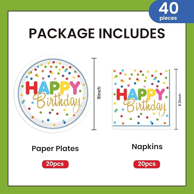 40Pcs Birthday Party Supplies Paper Plates and Napkins, Colorful Polka Dot Themed Dinner Plates Napkins Disposable Tableware Set for Birthday Party Decorations Serve 20