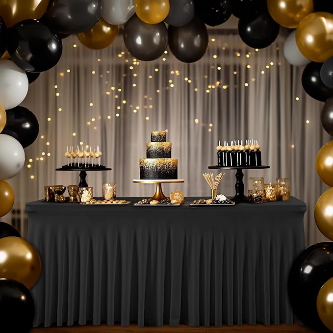 1 Pack Black Table Clothes for 4 Foot Rectangle Tables, One-Piece Wrinkle Resistant Stretch Spandex Table Covers with Skirt for Event Banquet Wedding Birthday Party