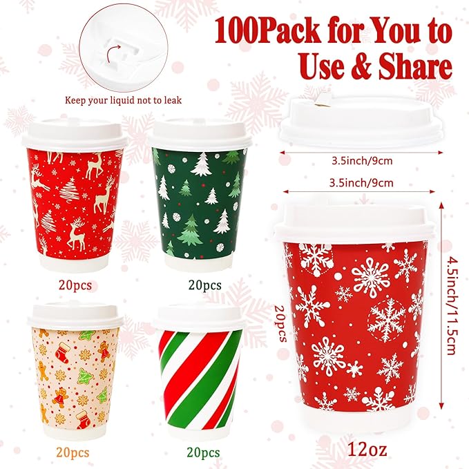 100 Sets Snowflake Gingerbread Man Christmas Tree Candy Disposable Coffee Cups with Dome Straws Sleeves 12 oz Paper Cups Sleeves Stir Straws Plastic Lids for Xmas Dinner Party Drinks Supplies