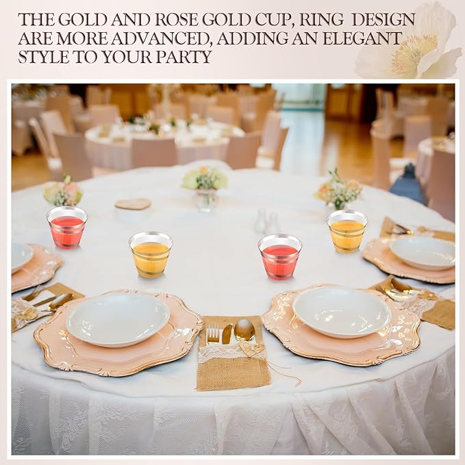 Gejoy 9 oz Rimmed Swirl Plastic Cups Disposable Wine Drinking Cups Clear Elegant Halloween Tumblers for Christmas Party Supplies(Gold, Rose Gold,100 Pcs)