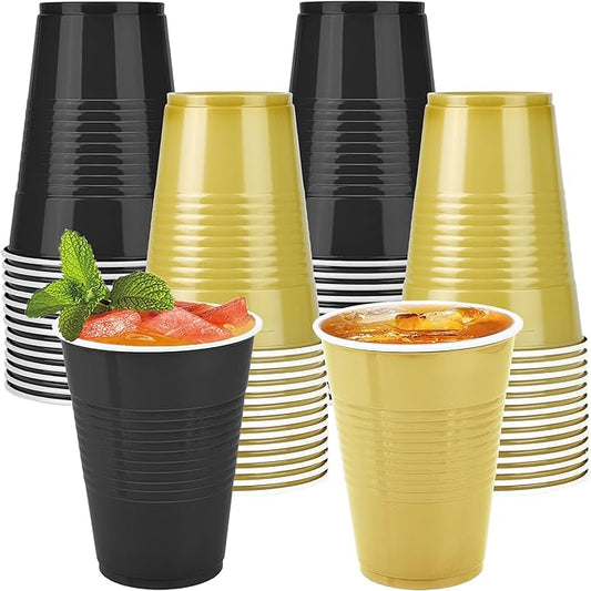 50 Pack 16 Ounce Disposable Plastic Cups Black and Gold Plastic Party Cups Heavy Duty Drinking Cup Bulk for Party Graduation Wedding Birthday Halloween Festival Supplies