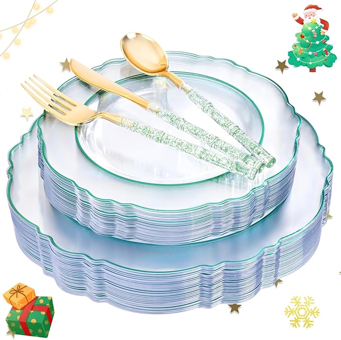 Liacere 150PCS Clear and Green Plastic Plates - Disposable Plates with Glitter Bamboo Handle Cutlery - 60 Baroque Elegant Plates,30Forks,30Spoons,30Knives for Christmas