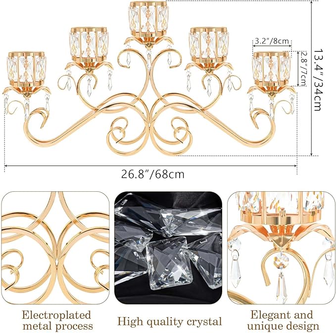 Gold 5 Arms 26.8 Inches Wide Crystal Pendant Bowl Tea Light Candle Holder, Large Bling Centerpiece Table Decorations, Metal Votive Candle Holders for Dining Table (Gold, Cup-Shaped)
