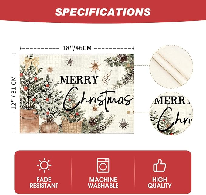 Artoid Mode Xmas Trees Holly Pine Cone Merry Christmas Placemats Set of 6, 12x18 Inch Seasonal Winter Holiday Table Mats for Party Kitchen Dining Decoration