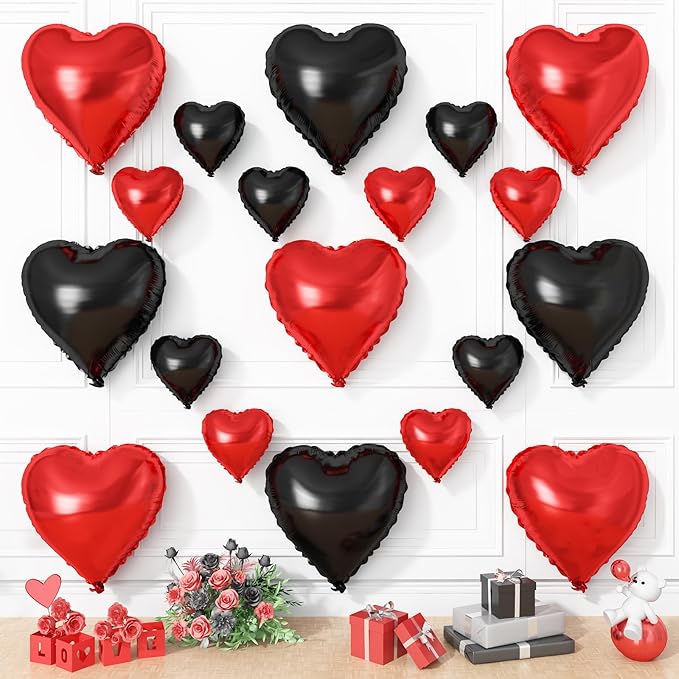 Red Black Heart Balloons, 19PCS Black and Red Heart Shape Balloon, 18Inch with 10Inch Black Red Helium Foil Love Heart Balloon for Birthday Bridal Shower Engagement Wedding Valentine Party Decoration