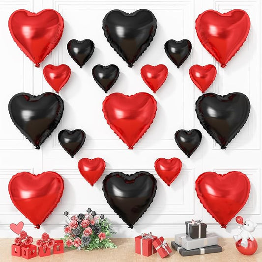 Red Black Heart Balloons, 19PCS Black and Red Heart Shape Balloon, 18Inch with 10Inch Black Red Helium Foil Love Heart Balloon for Birthday Bridal Shower Engagement Wedding Valentine Party Decoration